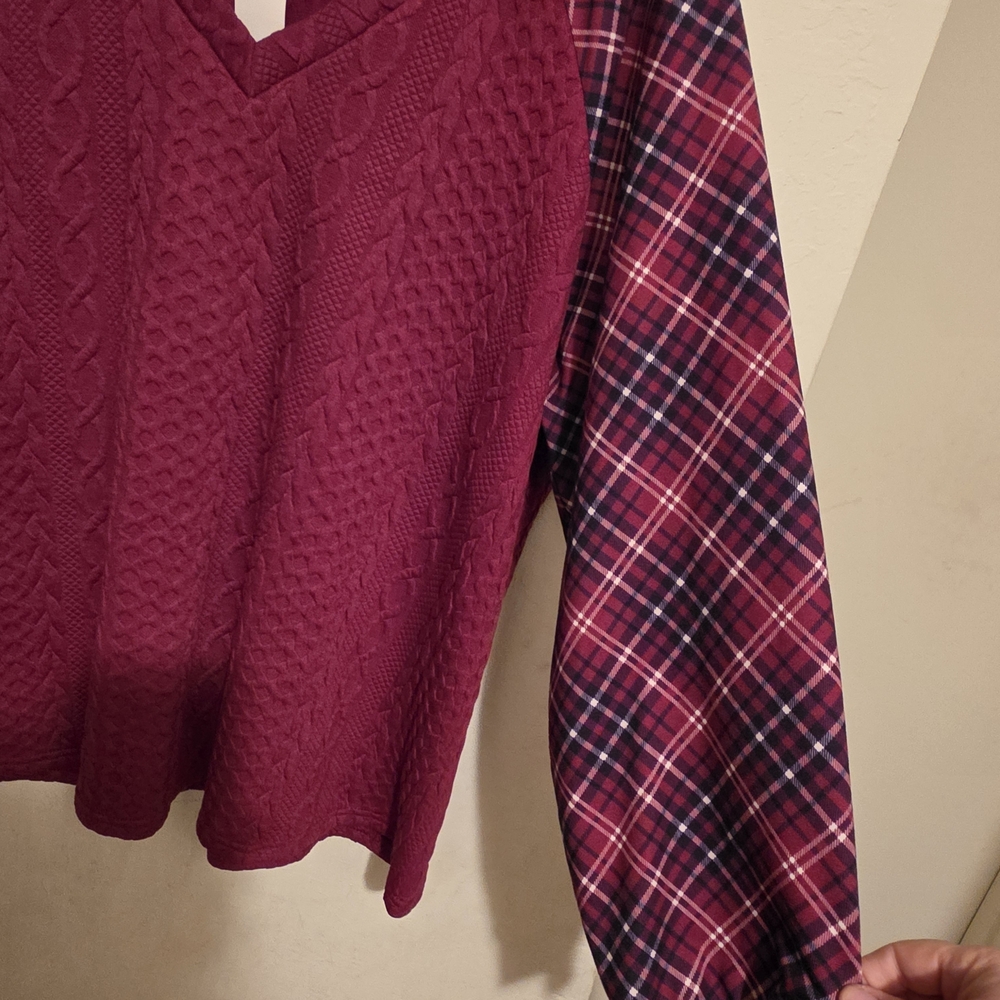 Nwt Bloomchic Burgundy Patchwork Sweater With Pla… - image 6